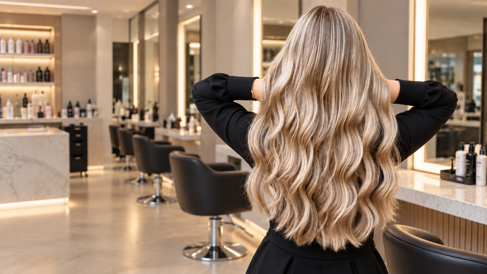 Lange blonde Balayage-Wellen in einem modernen Friseursalon